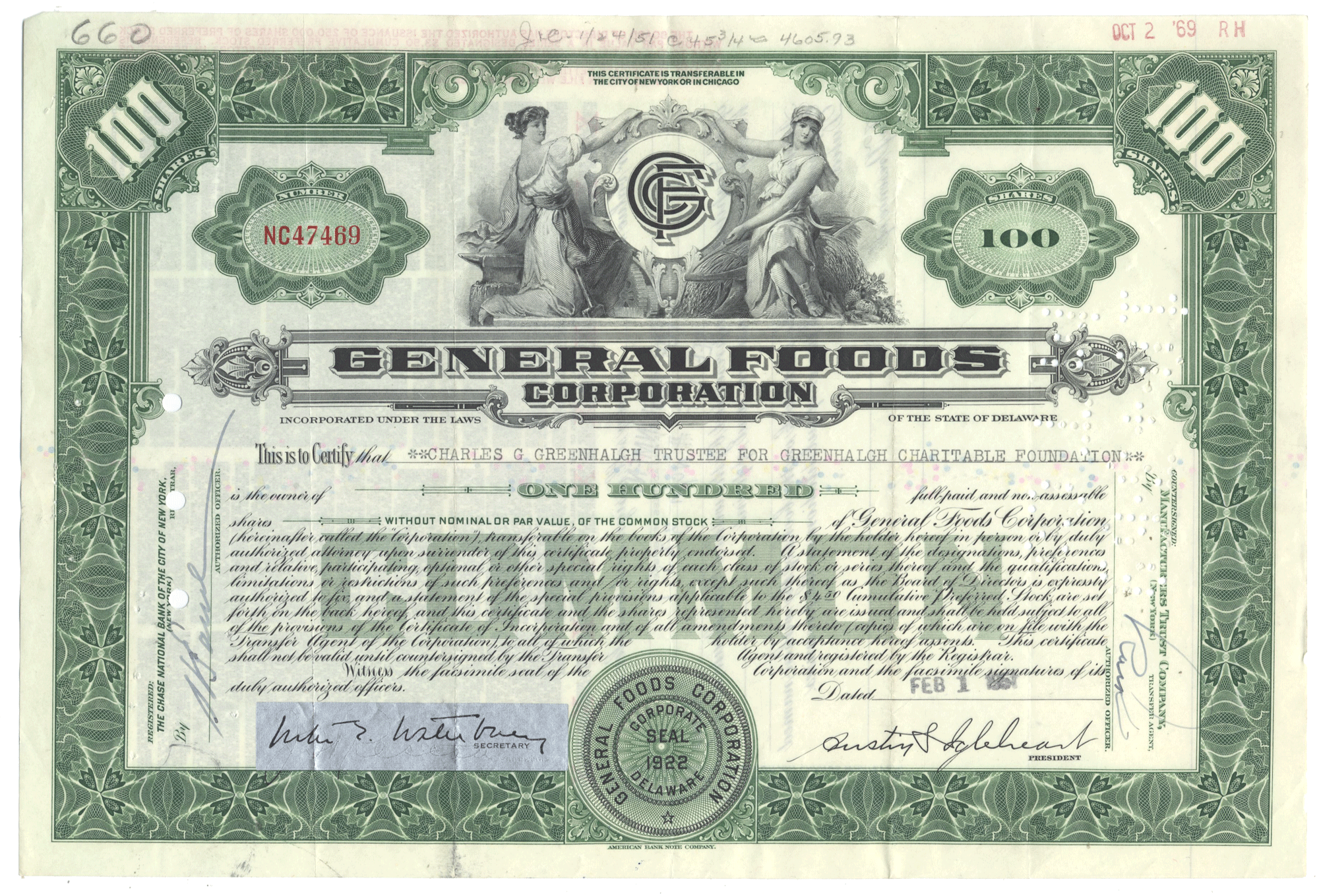 General Foods Corporation stock certificate from 1961