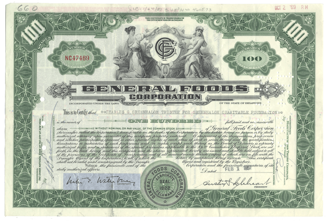 General Foods Corporation stock certificate from 1961