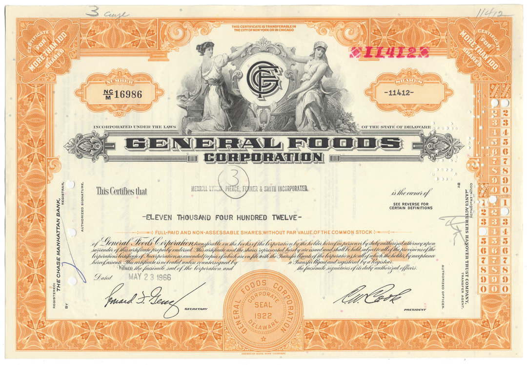 Vintage stock certificate of General Foods Corporation with decorative elements and text.