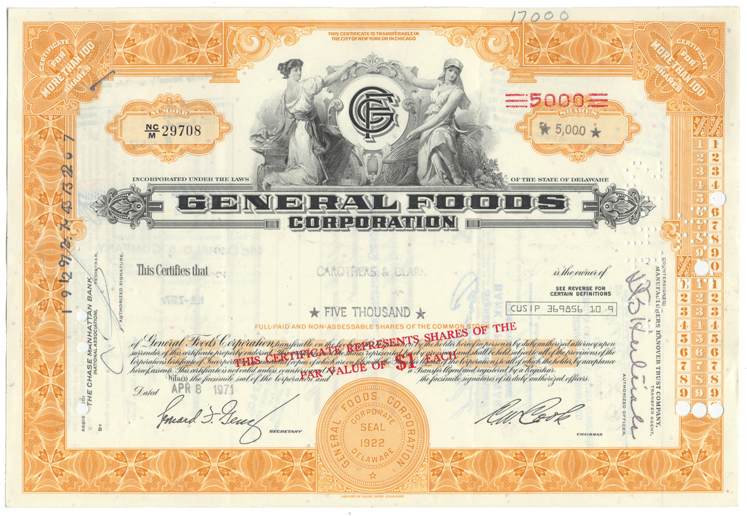 General Foods Corporation stock certificate with decorative elements and text.