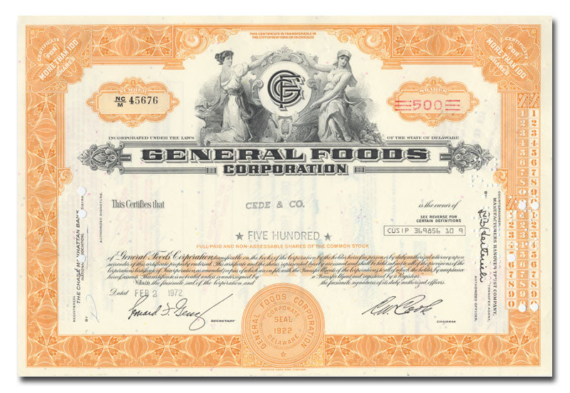 Vintage stock certificate of General Foods Corporation from 1972