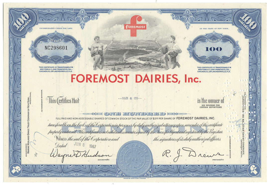 Foremost Dairies, Inc. stock certificate from 1967