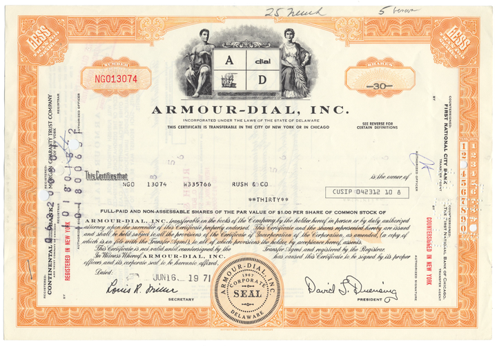 Armour-Dial, Inc. Stock Certificate