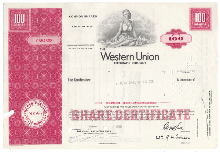 Share certificate from the Western Union Telegraph Company with a decorative design.