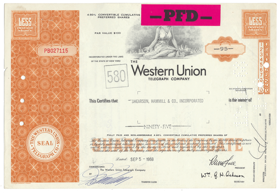 Western Union Telegraph Company stock certificate with decorative elements and text.