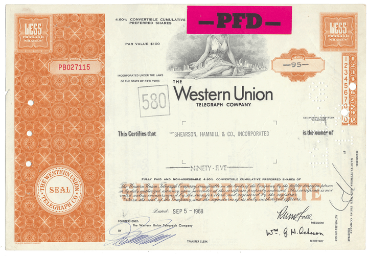 Western Union Telegraph Company stock certificate with decorative elements and text.