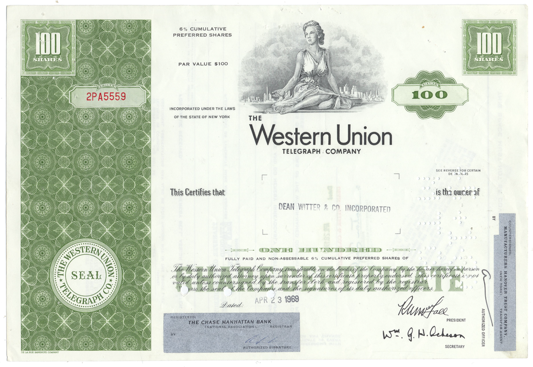 Western Union Telegraph Company Stock Certificate