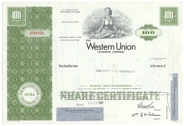 Western Union Telegraph Company Stock Certificate