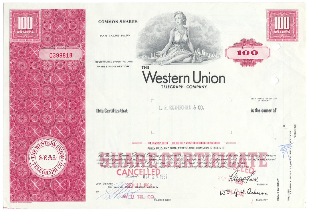 Western Union Telegraph Company Stock Certificate