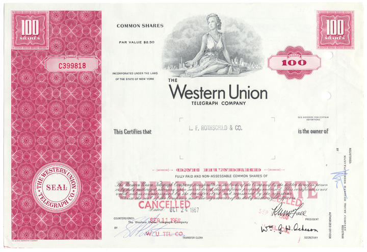 Western Union Telegraph Company Stock Certificate