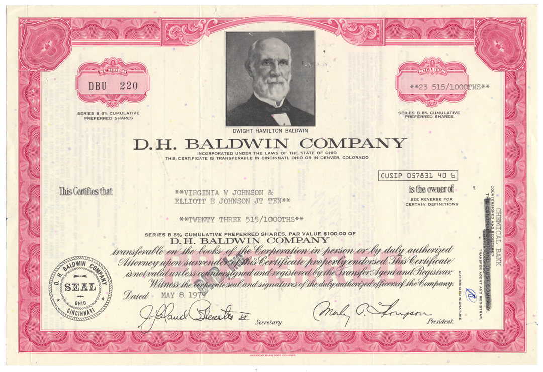 D. H. Baldwin Company Stock Certificate