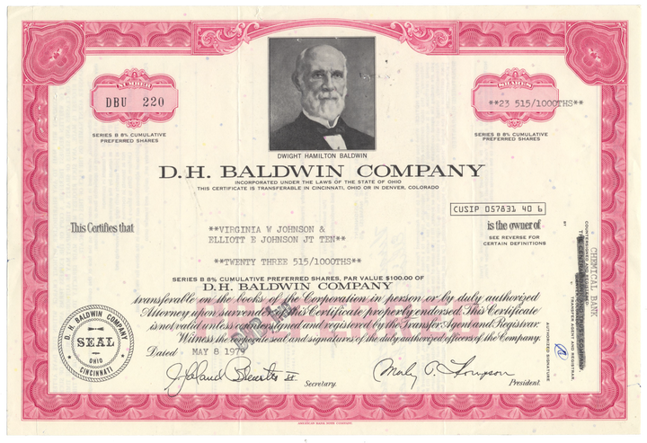 D. H. Baldwin Company Stock Certificate