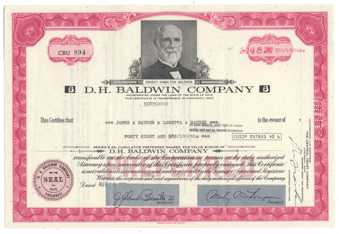 D. H. Baldwin Company Stock Certificate