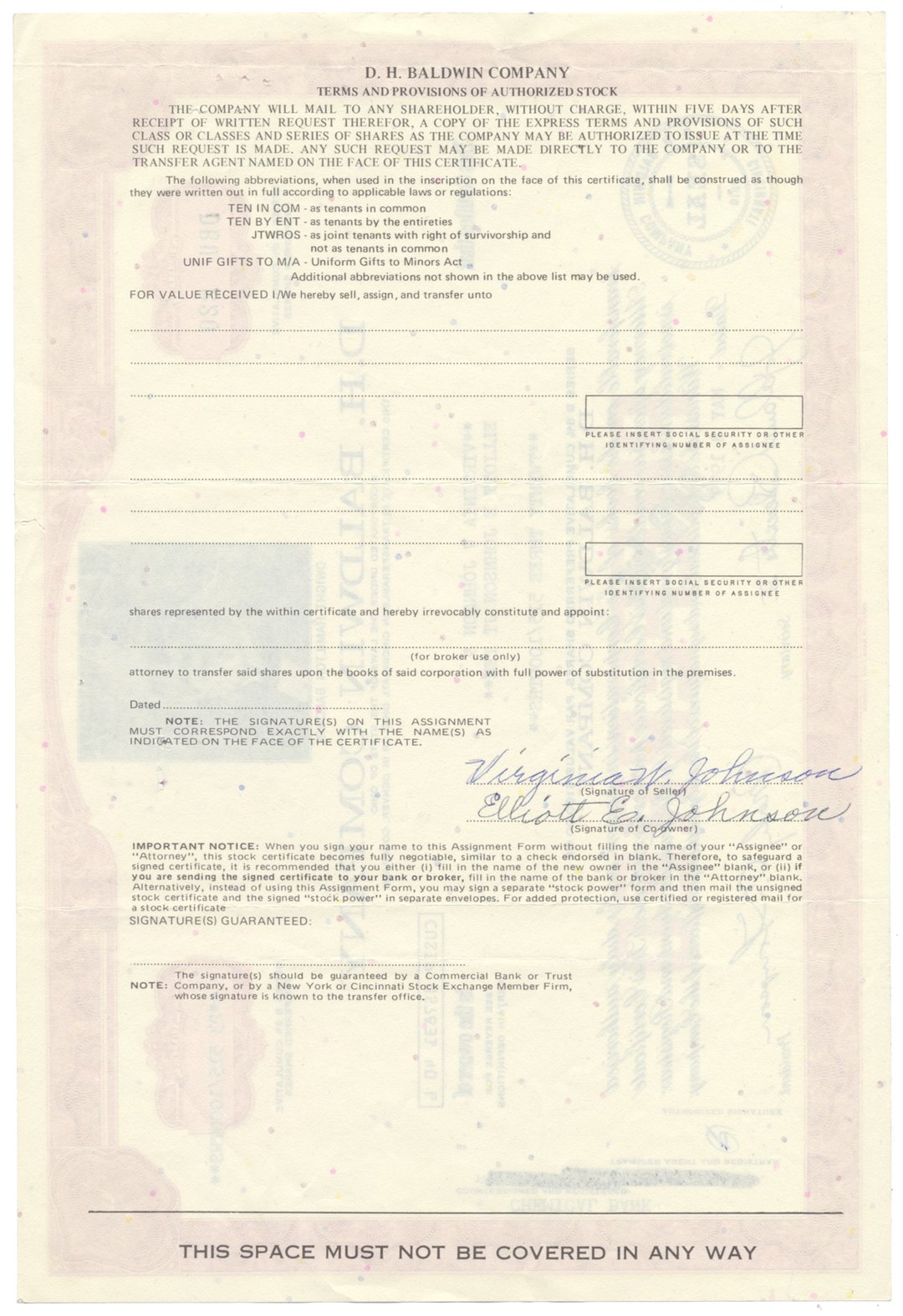 D. H. Baldwin Company Stock Certificate