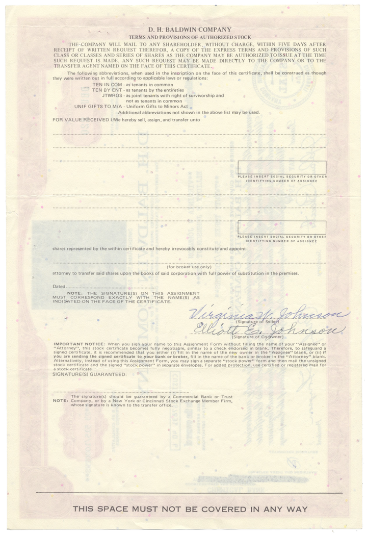 D. H. Baldwin Company Stock Certificate