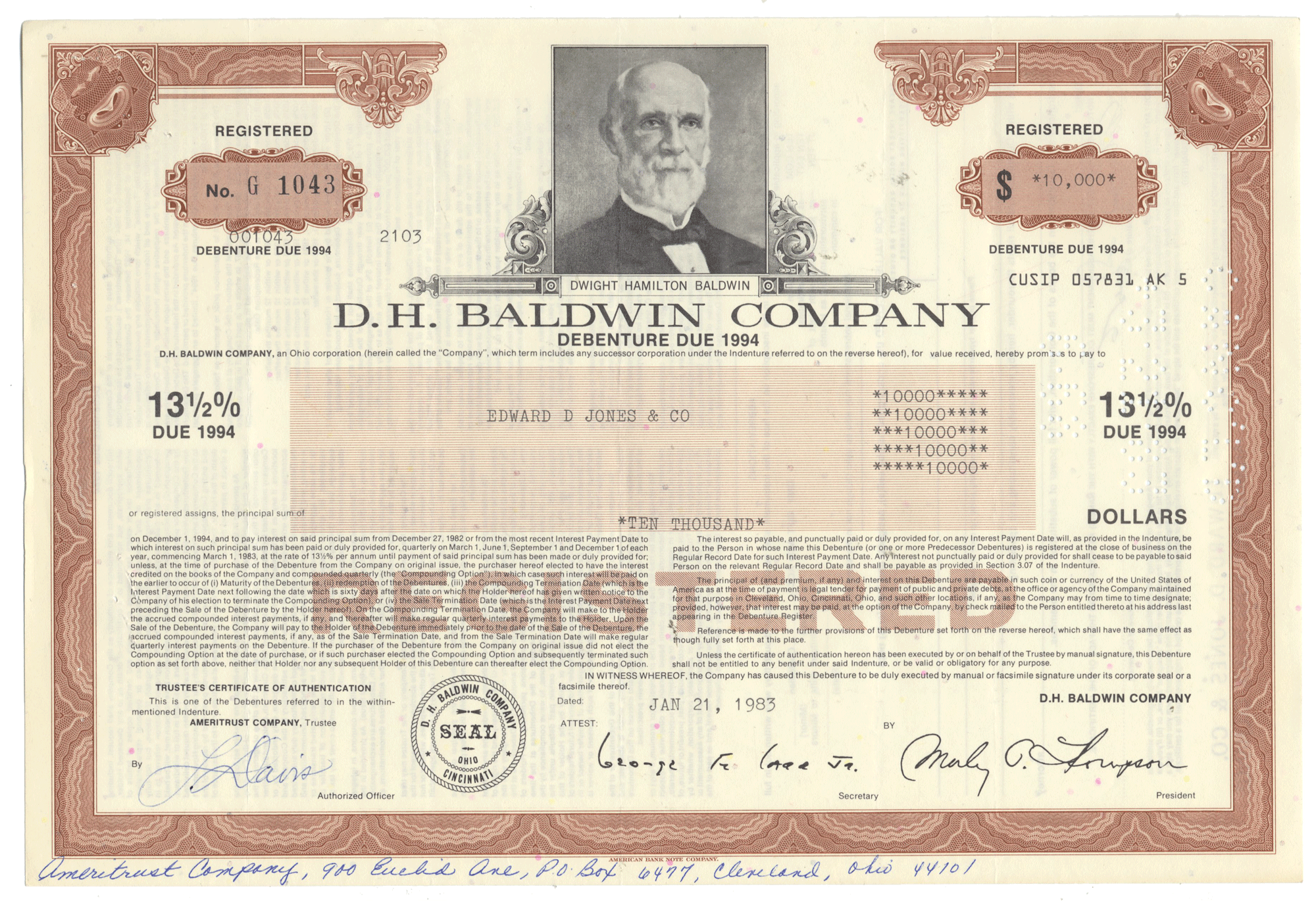 D.H. Baldwin Company bond certificate with a portrait of a man