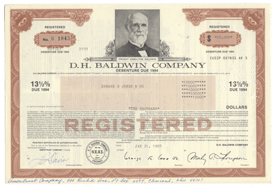 D.H. Baldwin Company bond certificate with a portrait of a man