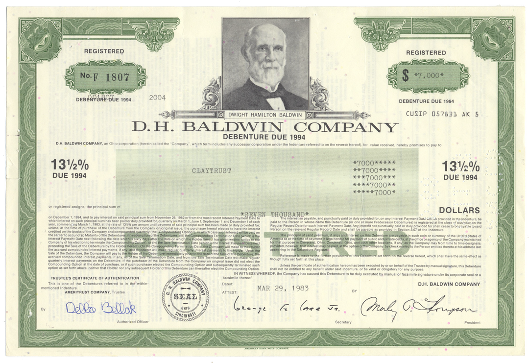 D. H. Baldwin Company Bond Certificate