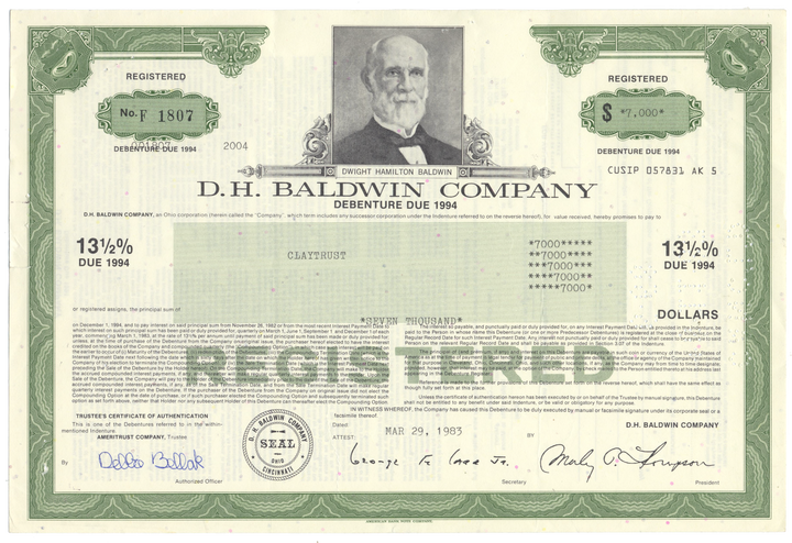 D. H. Baldwin Company Bond Certificate