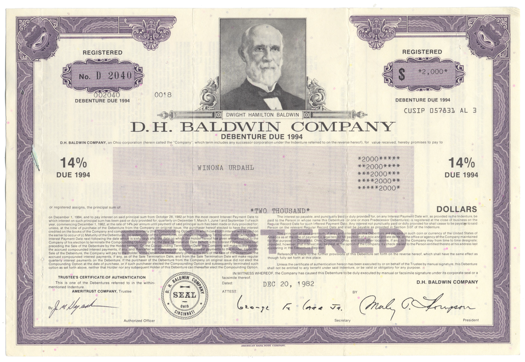 D. H. Baldwin Company Bond Certificate