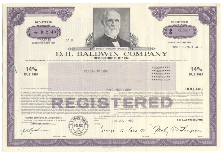 D. H. Baldwin Company Bond Certificate