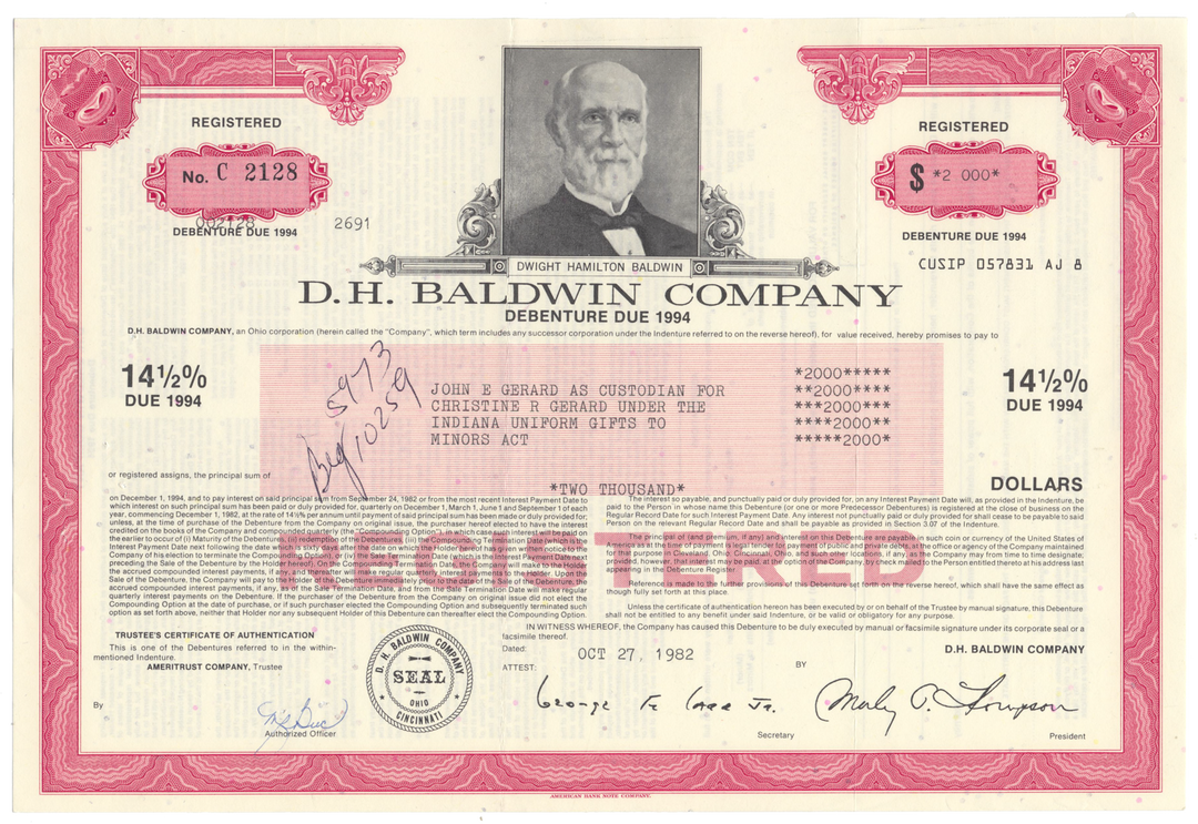 D. H. Baldwin Company Bond Certificate