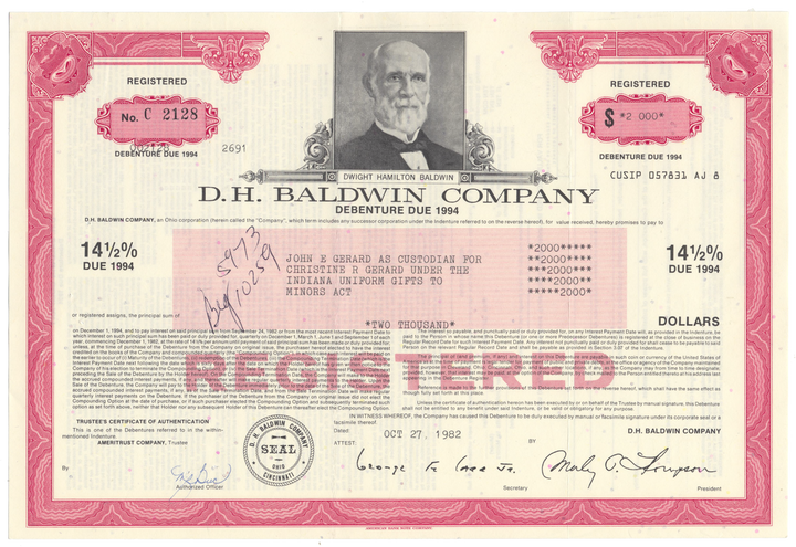 D. H. Baldwin Company Bond Certificate