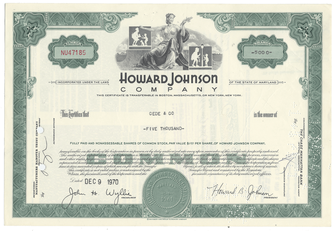A vintage Howard Johnson Company stock certificate from 1970