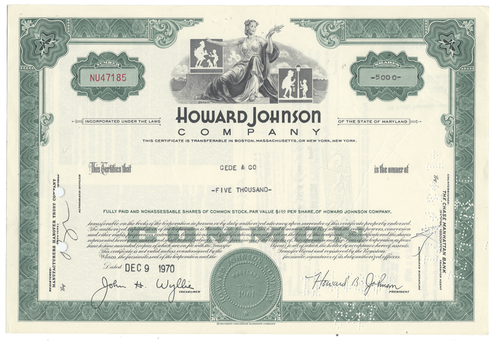 A vintage Howard Johnson Company stock certificate from 1970