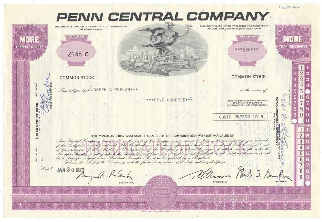 Penn Central Company Stock Certificate