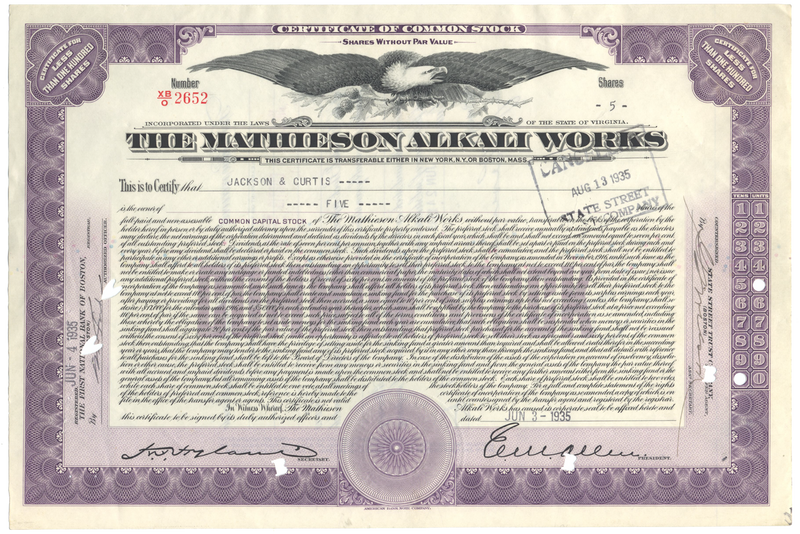 Mathieson Alkali Works Stock Certificate
