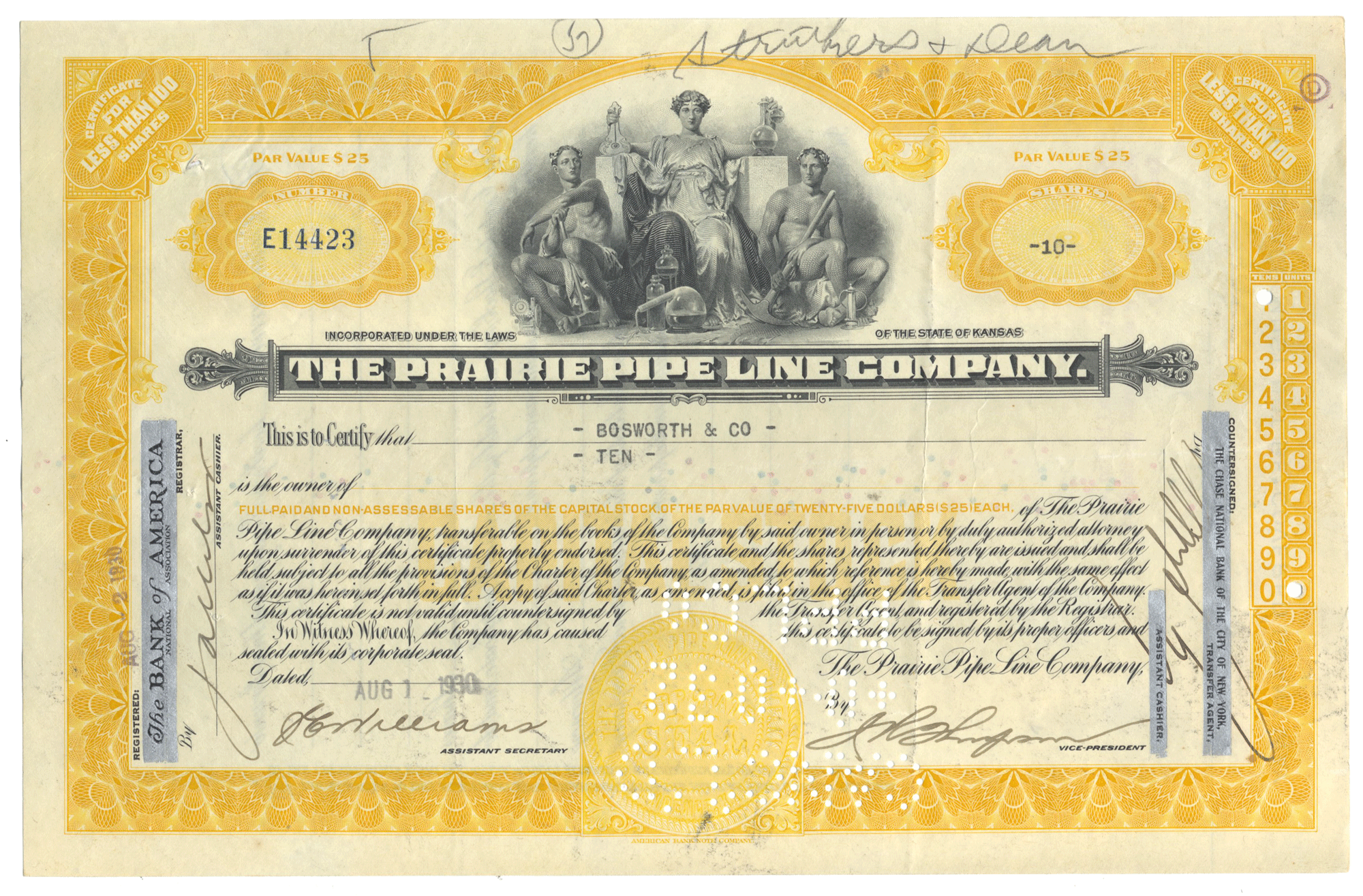 Vintage stock certificate of The Prairie Pipe Line Company with a yellow border and black text.