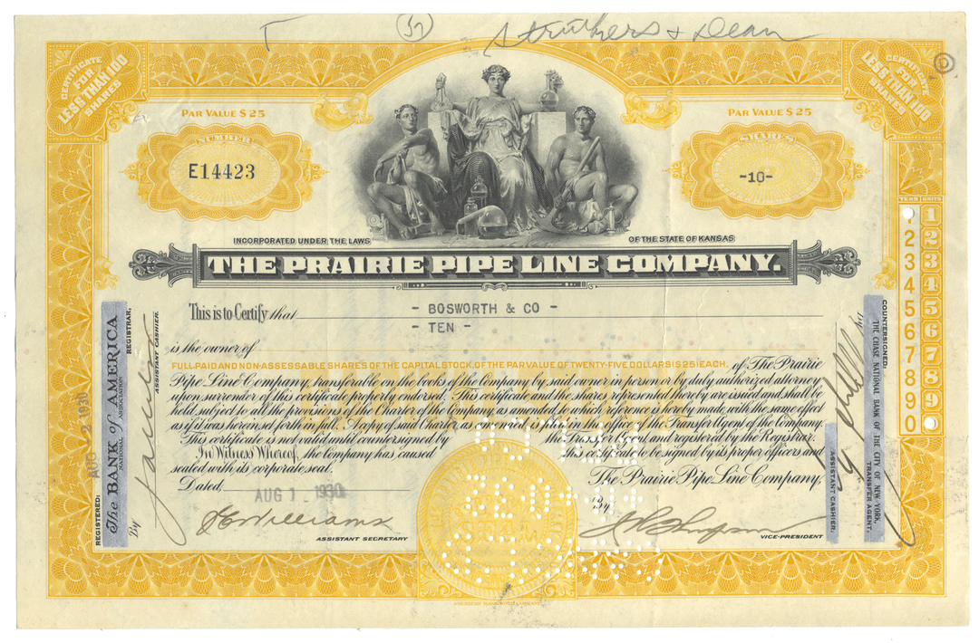 Vintage stock certificate of The Prairie Pipe Line Company with a yellow border and black text.