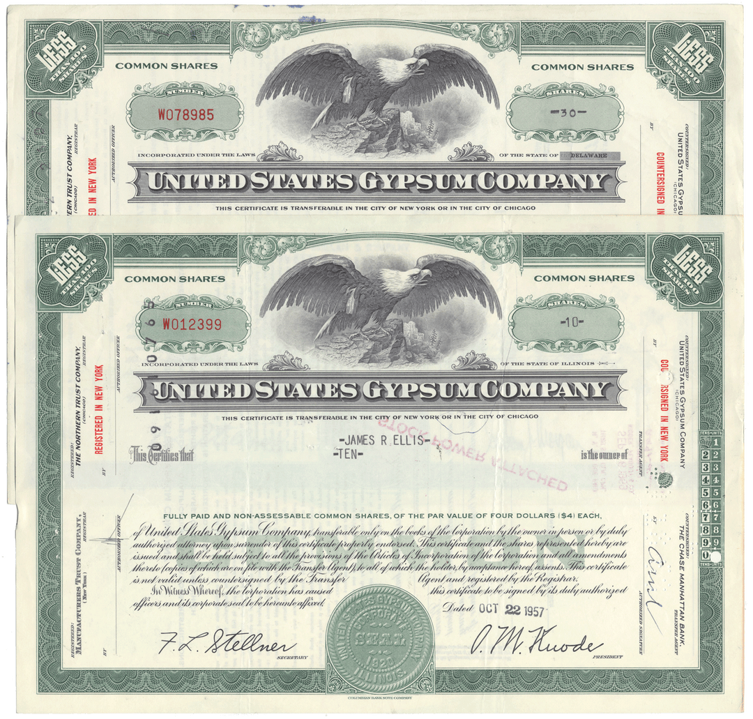United States Gypsum Company stock certificates with eagle emblem