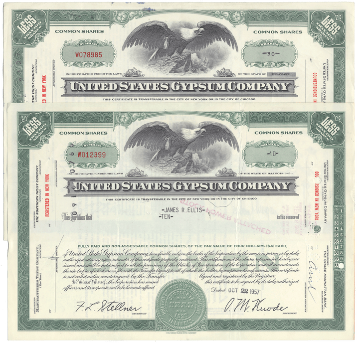 United States Gypsum Company stock certificates with eagle emblem