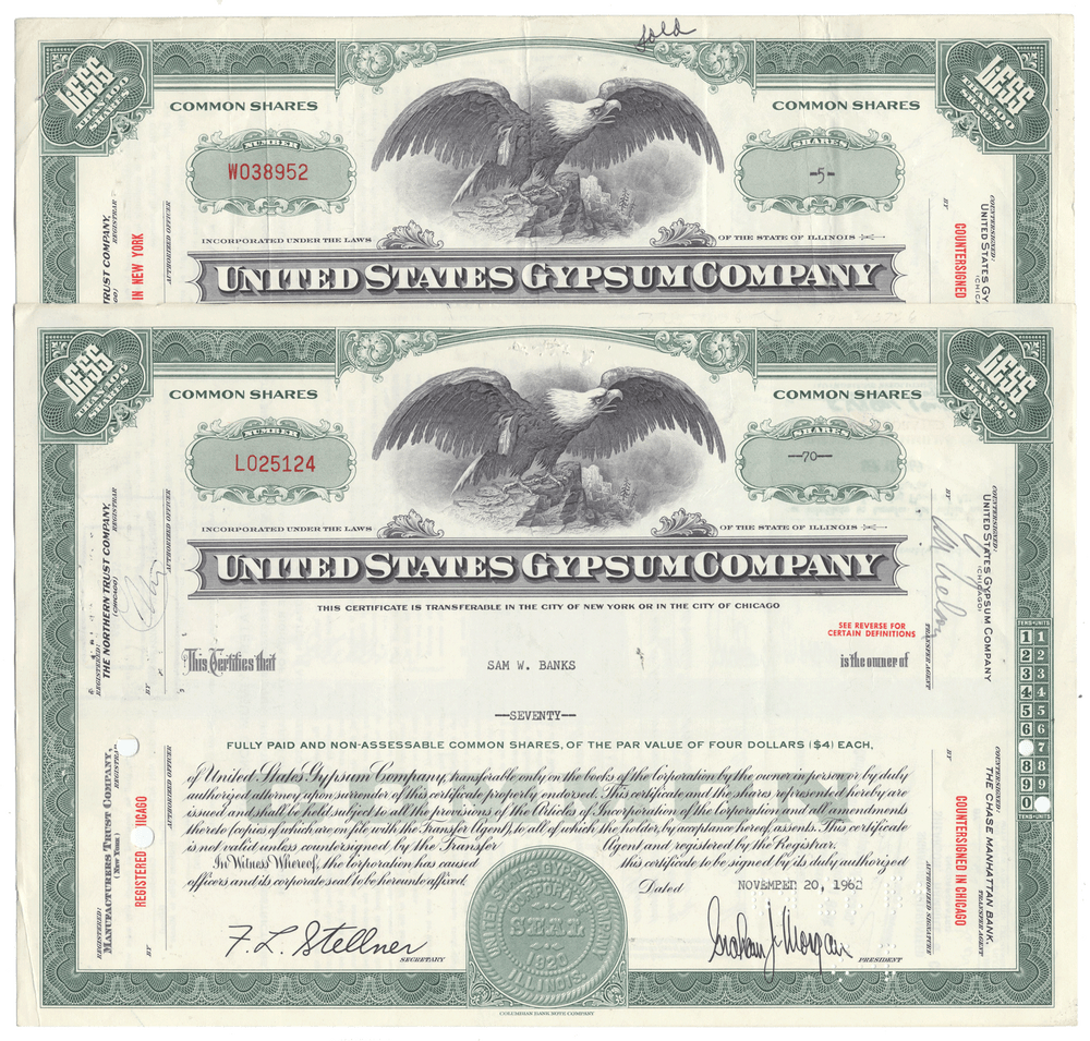 United States Gypsum Company stock certificates with an eagle emblem