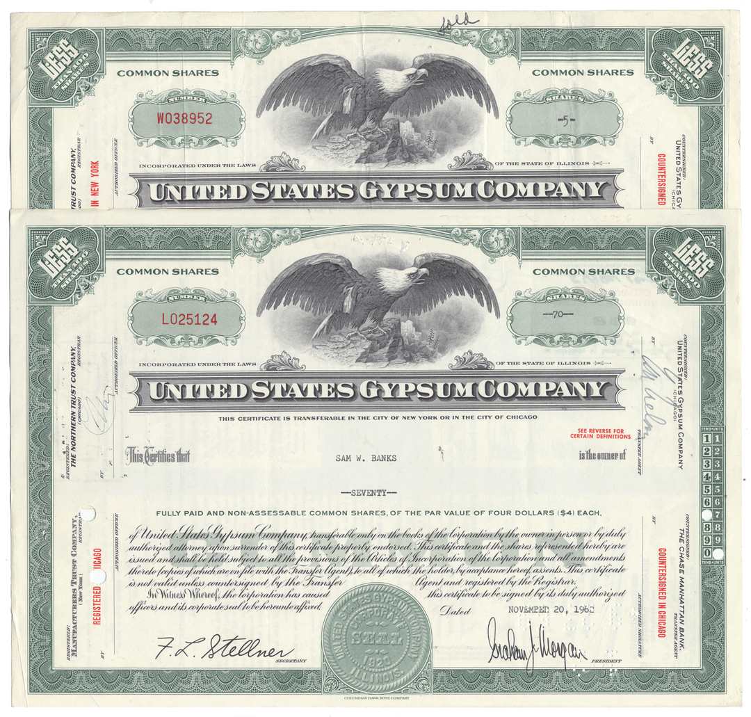 United States Gypsum Company stock certificates with an eagle emblem