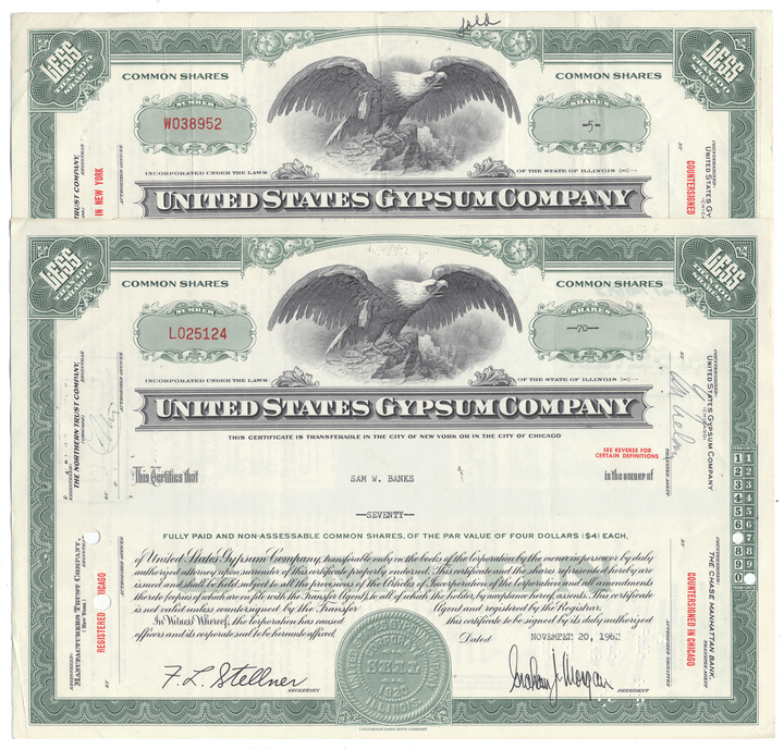 United States Gypsum Company stock certificates with an eagle emblem