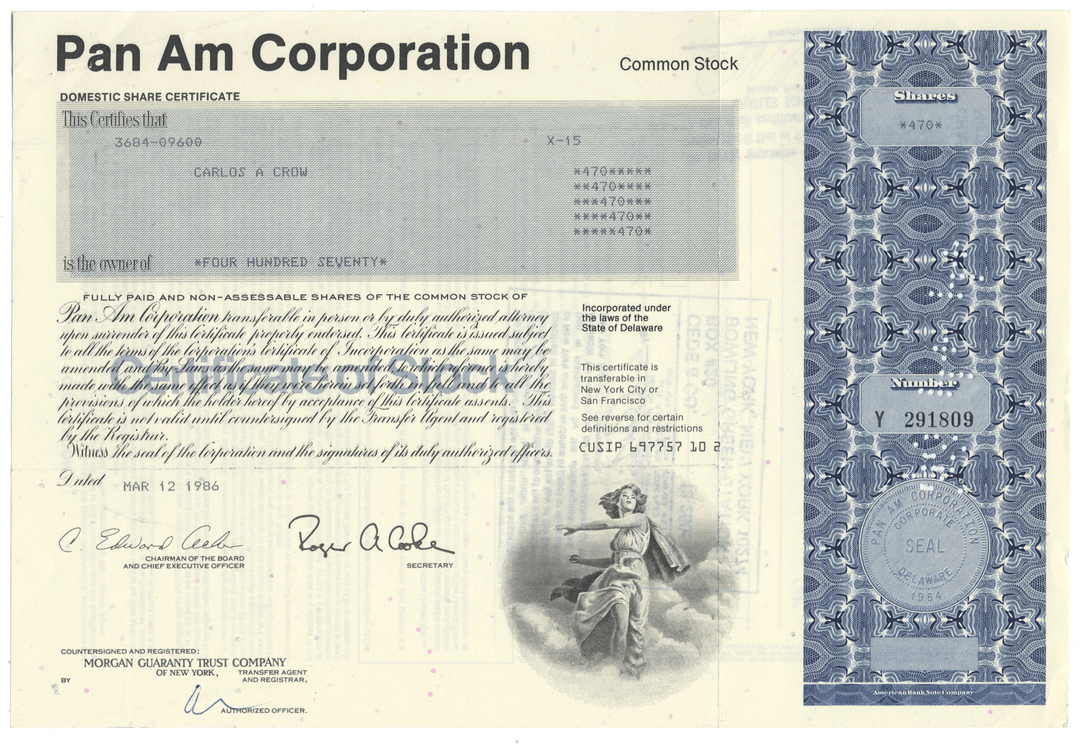 Pan Am Corporation stock certificate with decorative elements