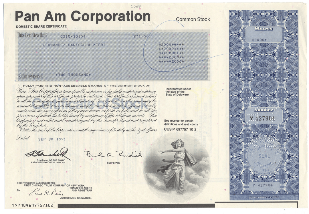 Pan Am Corp Stock Certificate