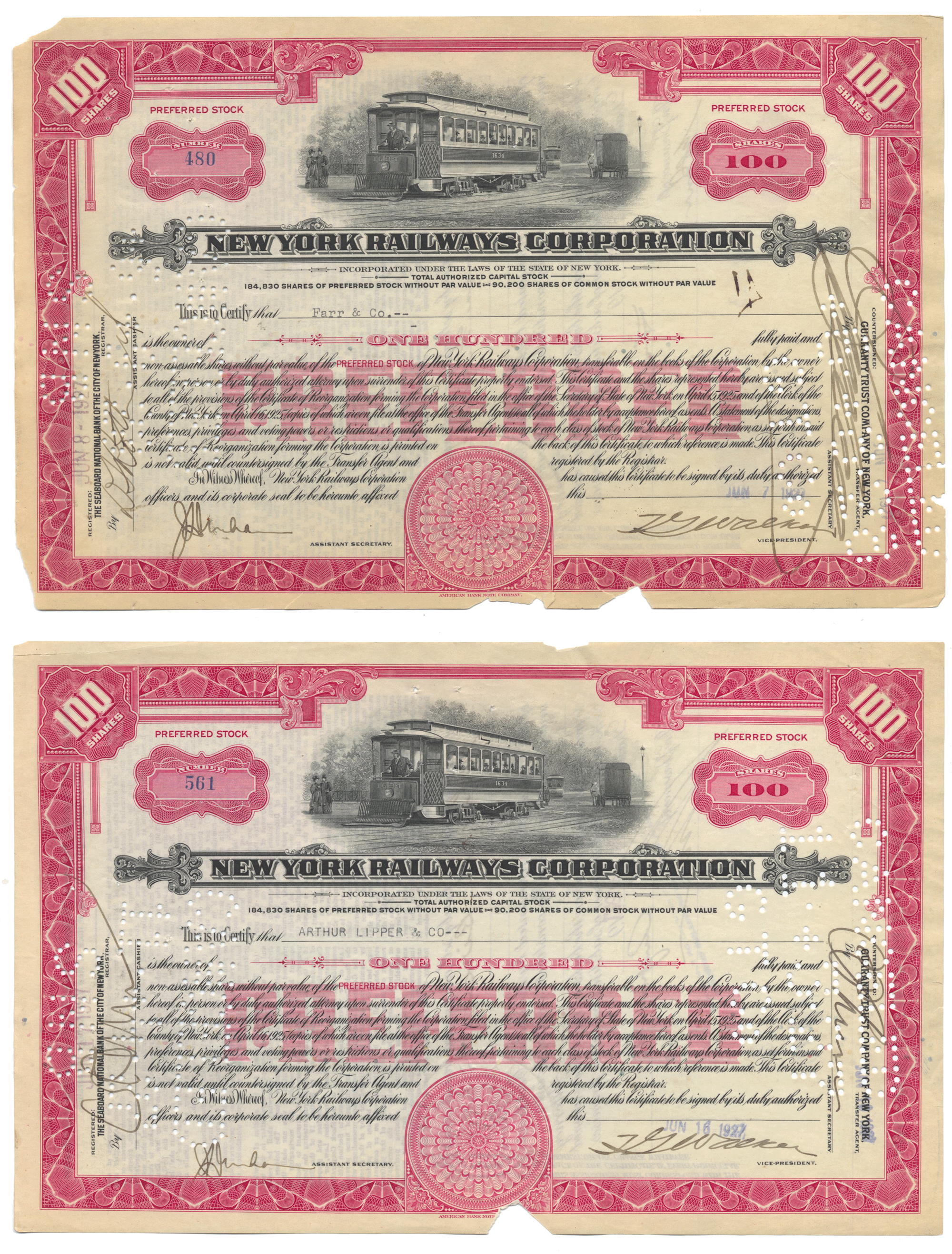 New York Railways Corporation (LOT OF 2 PIECES)