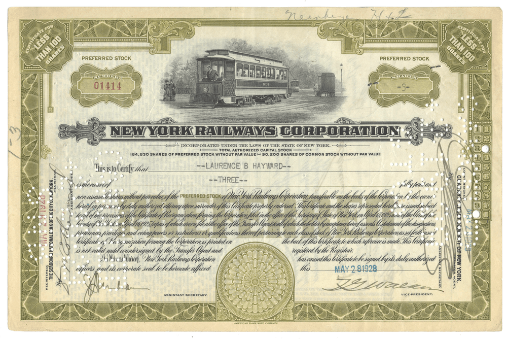 New York Railways Corporation stock certificate with trolley illustration dated 1928