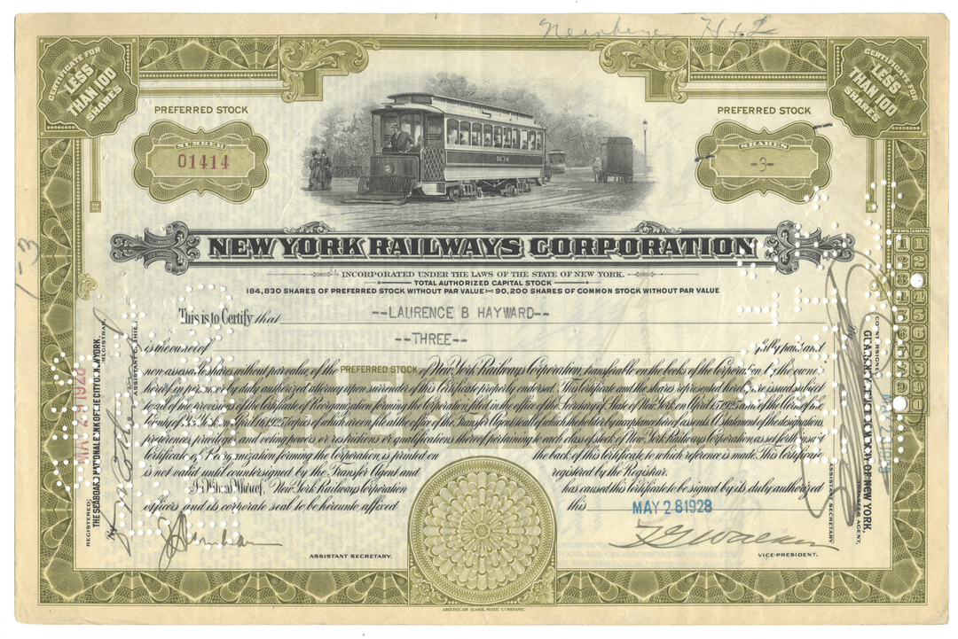 New York Railways Corporation stock certificate with trolley illustration dated 1928
