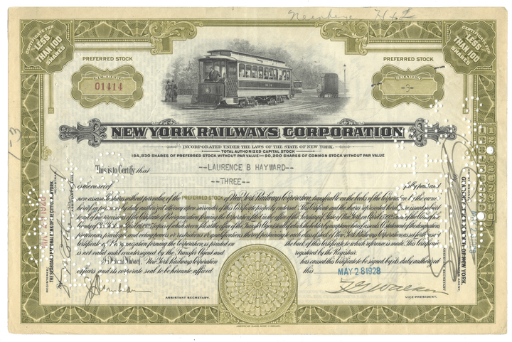 New York Railways Corporation stock certificate with trolley illustration dated 1928