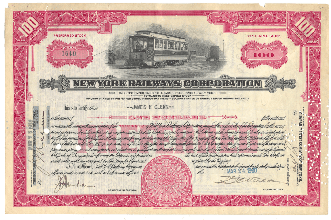 Vintage stock certificate for New York Railways Corporation with a tram illustration