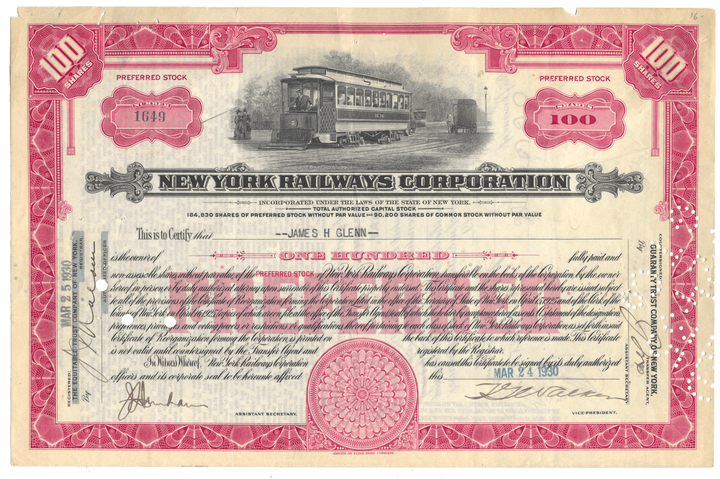 Vintage stock certificate for New York Railways Corporation with a tram illustration