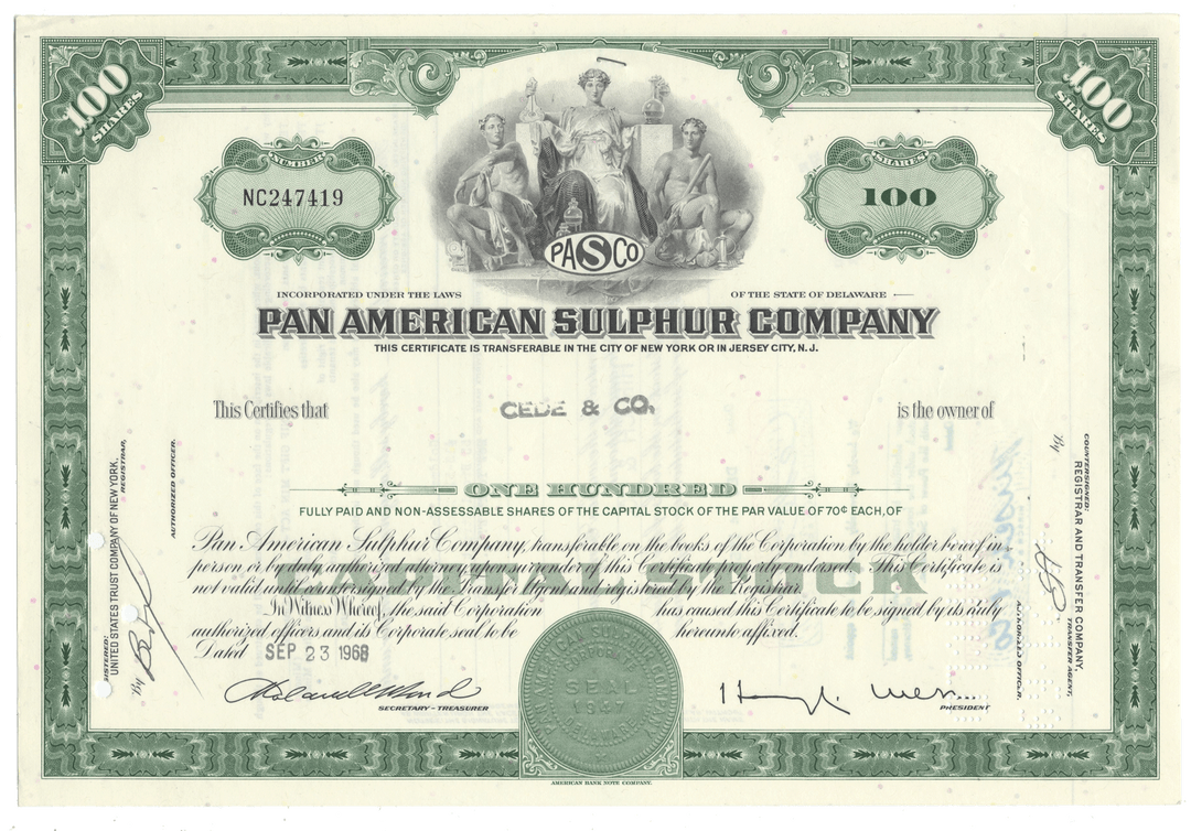 Pan American Sulphur Company stock certificate with green border and detailed text.