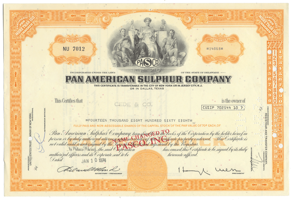 Pan American Sulphur Company stock certificate with vintage design