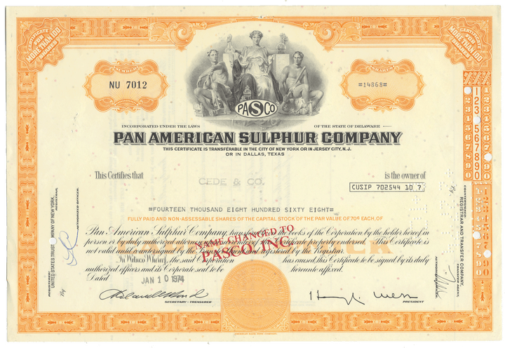 Pan American Sulphur Company stock certificate with vintage design