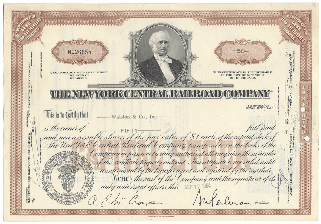 Vintage stock certificate of the New York Central Railroad Company with a portrait of a man.